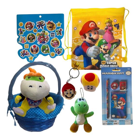 Super Mario Gift Basket | Bowser Jr. Plush, Stationery, Bag, Yoshi, Keychains - Picture 1 of 9